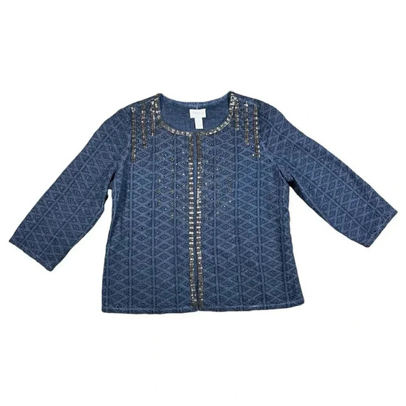 Chicos Blue Studded Beaded Embroidered Eyelet Cardigan Jacket Size 1 US Medium - Picture 8 of 8